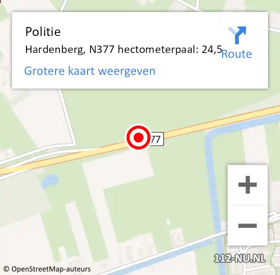 Locatie op kaart van de 112 melding: Politie Hardenberg, N377 hectometerpaal: 24,5 op 7 juli 2021 11:33