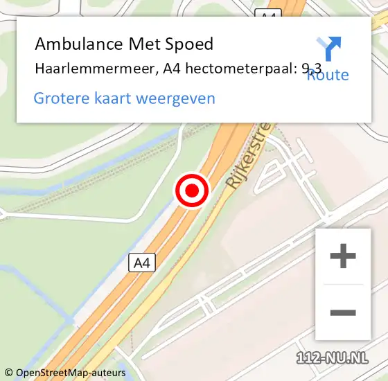 Locatie op kaart van de 112 melding: Ambulance Met Spoed Naar Haarlemmermeer, A4 hectometerpaal: 9,3 op 7 juli 2021 13:32