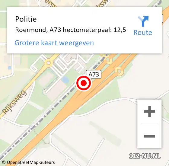 Locatie op kaart van de 112 melding: Politie Roermond, A73 hectometerpaal: 12,5 op 8 juli 2021 08:15