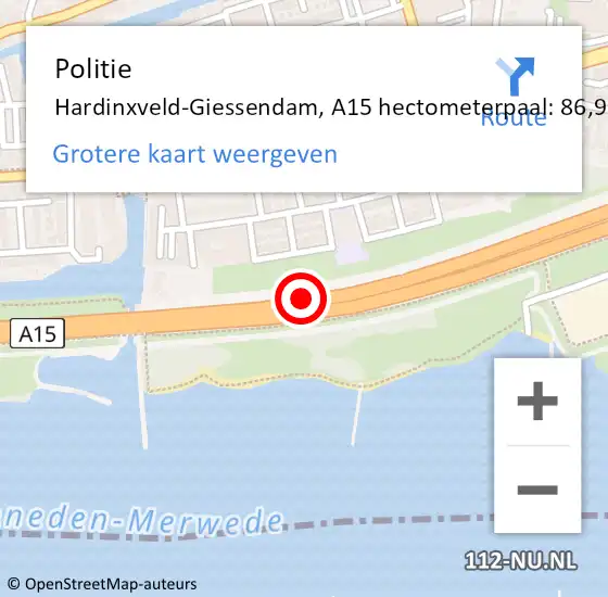 Locatie op kaart van de 112 melding: Politie Hardinxveld-Giessendam, A15 hectometerpaal: 86,9 op 8 juli 2021 09:05