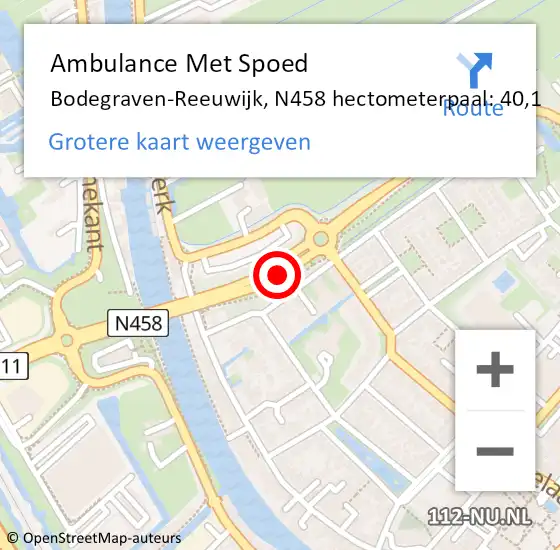 Locatie op kaart van de 112 melding: Ambulance Met Spoed Naar Bodegraven-Reeuwijk, N458 hectometerpaal: 40,1 op 8 juli 2021 18:50