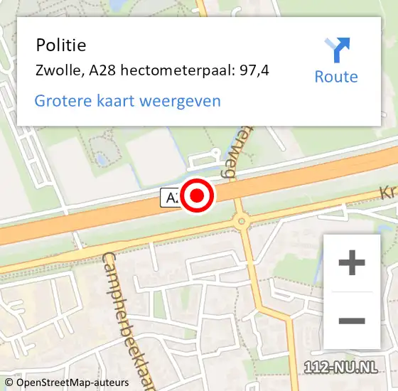 Locatie op kaart van de 112 melding: Politie Zwolle, A28 hectometerpaal: 97,4 op 9 juli 2021 10:29