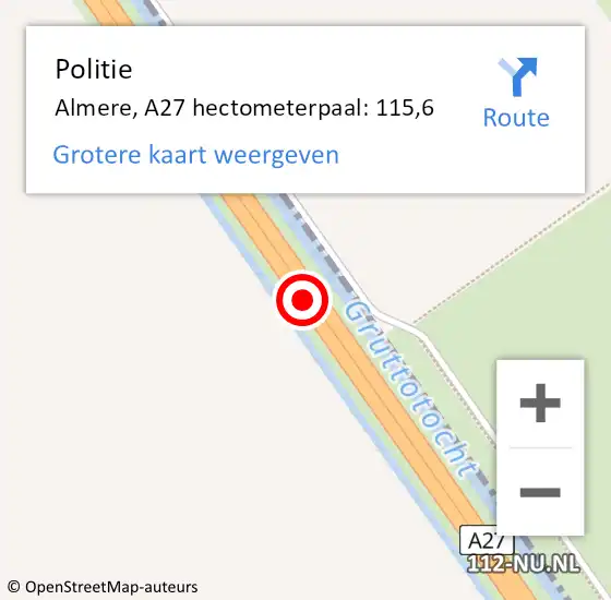 Locatie op kaart van de 112 melding: Politie Almere, A27 hectometerpaal: 115,6 op 9 juli 2021 15:37