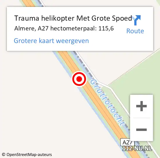 Locatie op kaart van de 112 melding: Trauma helikopter Met Grote Spoed Naar Almere, A27 hectometerpaal: 115,6 op 9 juli 2021 15:39