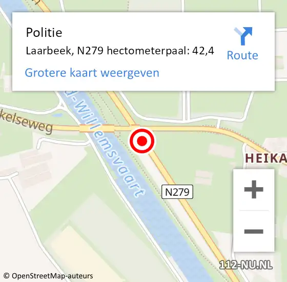 Locatie op kaart van de 112 melding: Politie Laarbeek, N279 hectometerpaal: 42,4 op 11 juli 2021 15:38