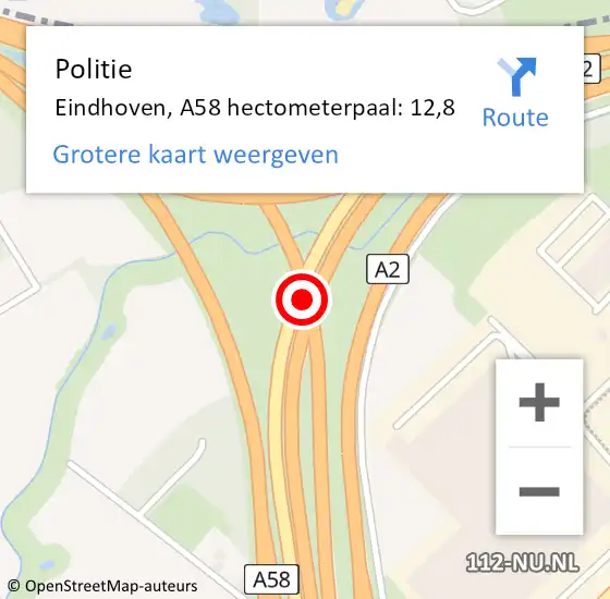 Locatie op kaart van de 112 melding: Politie Eindhoven, A58 hectometerpaal: 12,8 op 12 juli 2021 07:24