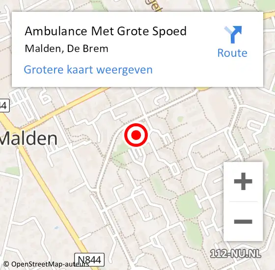 Locatie op kaart van de 112 melding: Ambulance Met Grote Spoed Naar Malden, De Brem op 12 juli 2021 08:14