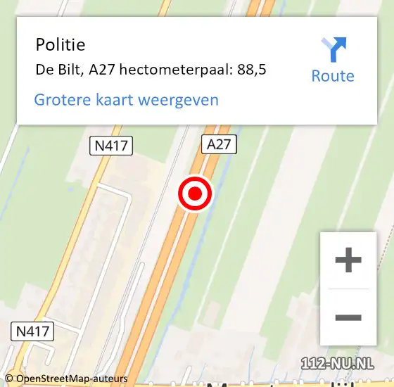 Locatie op kaart van de 112 melding: Politie De Bilt, A27 hectometerpaal: 88,5 op 13 juli 2021 06:59