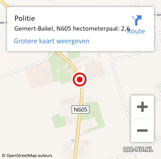 Locatie op kaart van de 112 melding: Politie Gemert-Bakel, N605 hectometerpaal: 2,6 op 14 juli 2021 16:34