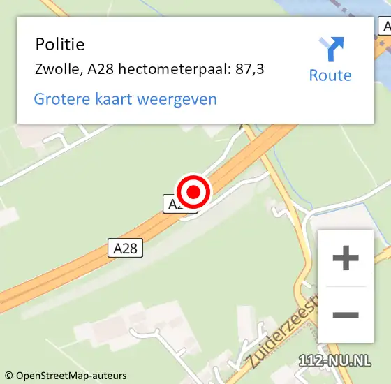 Locatie op kaart van de 112 melding: Politie Zwolle, A28 hectometerpaal: 87,3 op 16 juli 2021 10:37