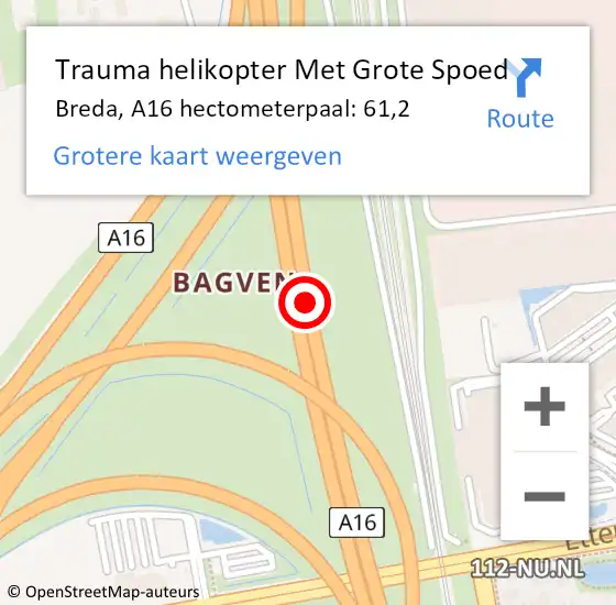 Locatie op kaart van de 112 melding: Trauma helikopter Met Grote Spoed Naar Breda, A16 hectometerpaal: 61,2 op 17 juli 2021 00:03