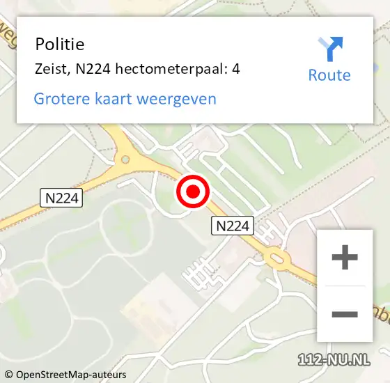 Locatie op kaart van de 112 melding: Politie Zeist, N224 hectometerpaal: 4 op 19 juli 2021 17:56