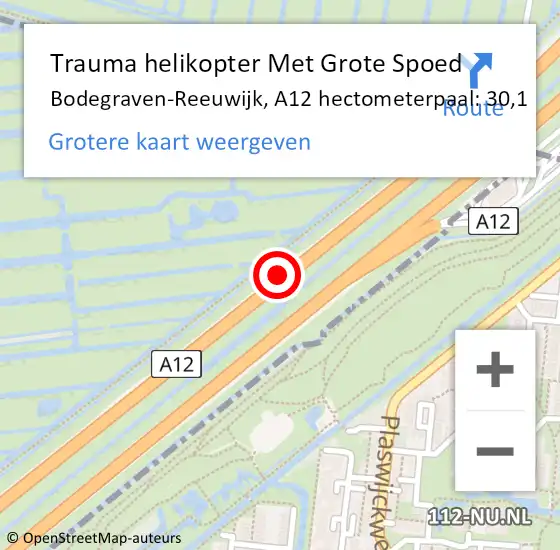 Locatie op kaart van de 112 melding: Trauma helikopter Met Grote Spoed Naar Bodegraven-Reeuwijk, A12 hectometerpaal: 30,1 op 20 juli 2021 12:47