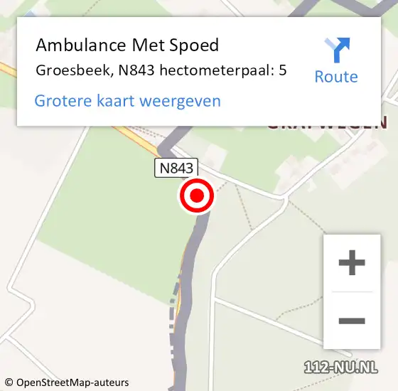 Locatie op kaart van de 112 melding: Ambulance Met Spoed Naar Groesbeek, N843 hectometerpaal: 5 op 22 juli 2021 14:36