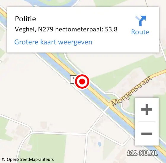 Locatie op kaart van de 112 melding: Politie Veghel, N279 hectometerpaal: 53,8 op 22 juli 2021 15:58
