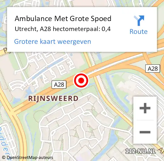 Locatie op kaart van de 112 melding: Ambulance Met Grote Spoed Naar Utrecht, A28 hectometerpaal: 0,4 op 22 juli 2021 17:21