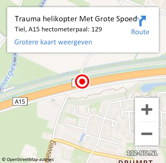 Locatie op kaart van de 112 melding: Trauma helikopter Met Grote Spoed Naar Tiel, A15 hectometerpaal: 129 op 22 juli 2021 23:50