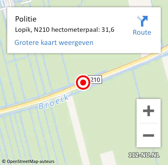 Locatie op kaart van de 112 melding: Politie Lopik, N210 hectometerpaal: 31,6 op 23 juli 2021 14:15