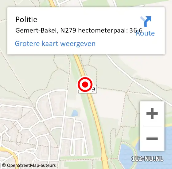 Locatie op kaart van de 112 melding: Politie Gemert-Bakel, N279 hectometerpaal: 36,6 op 24 juli 2021 17:29