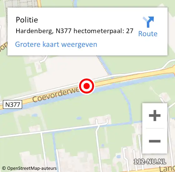 Locatie op kaart van de 112 melding: Politie Hardenberg, N377 hectometerpaal: 27 op 25 juli 2021 11:11