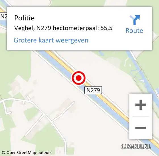 Locatie op kaart van de 112 melding: Politie Veghel, N279 hectometerpaal: 55,5 op 28 juli 2021 22:19