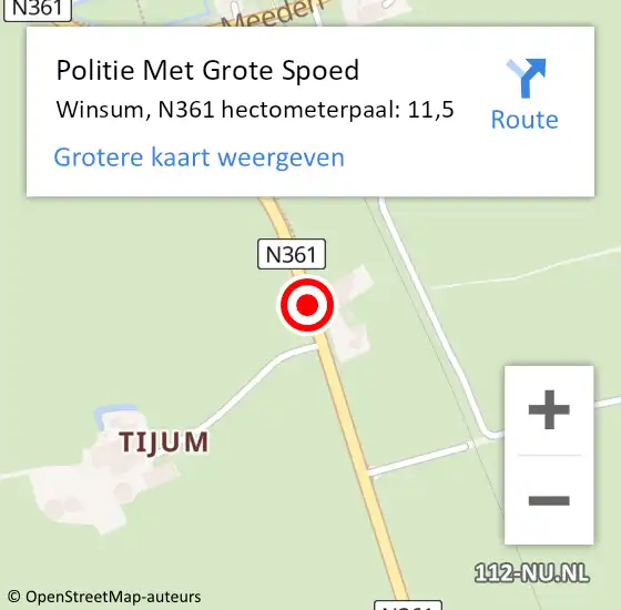 Locatie op kaart van de 112 melding: Politie Met Grote Spoed Naar Winsum, N361 hectometerpaal: 11,5 op 29 juli 2021 17:58