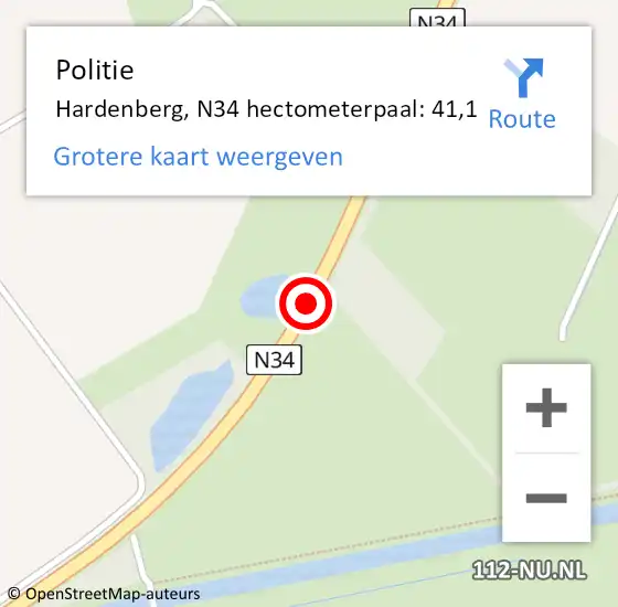 Locatie op kaart van de 112 melding: Politie Hardenberg, N34 hectometerpaal: 41,1 op 31 juli 2021 01:10