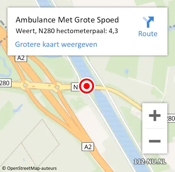 Locatie op kaart van de 112 melding: Ambulance Met Grote Spoed Naar Weert, N280 hectometerpaal: 4,3 op 31 juli 2021 15:16