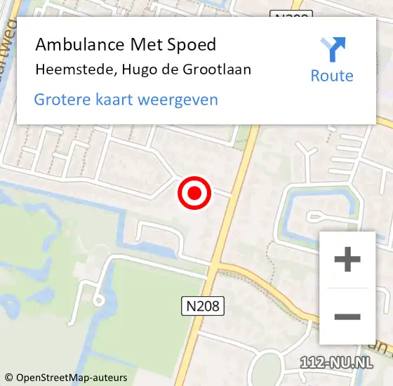 Locatie op kaart van de 112 melding: Ambulance Met Spoed Naar Heemstede, Hugo de Grootlaan op 2 augustus 2021 22:46