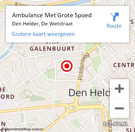 Locatie op kaart van de 112 melding: Ambulance Met Grote Spoed Naar Den Helder, De Wetstraat op 6 augustus 2021 05:19