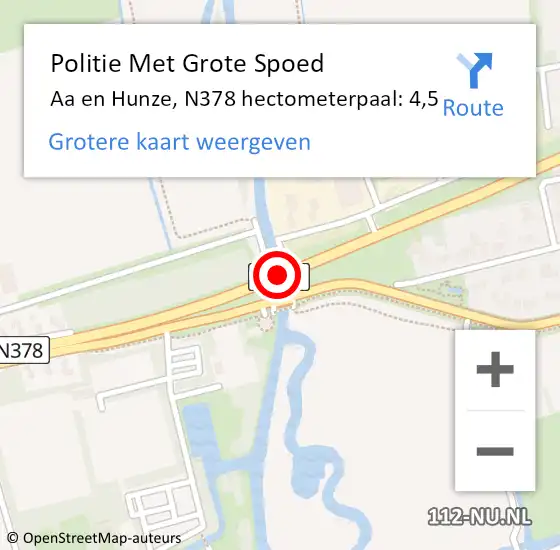 Locatie op kaart van de 112 melding: Politie Met Grote Spoed Naar Aa en Hunze, N378 hectometerpaal: 4,5 op 8 augustus 2021 00:55