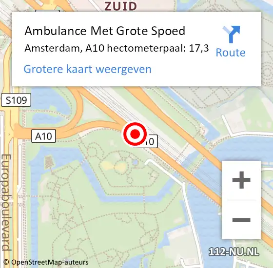 Locatie op kaart van de 112 melding: Ambulance Met Grote Spoed Naar Amsterdam, A10 hectometerpaal: 17,3 op 9 augustus 2021 14:29
