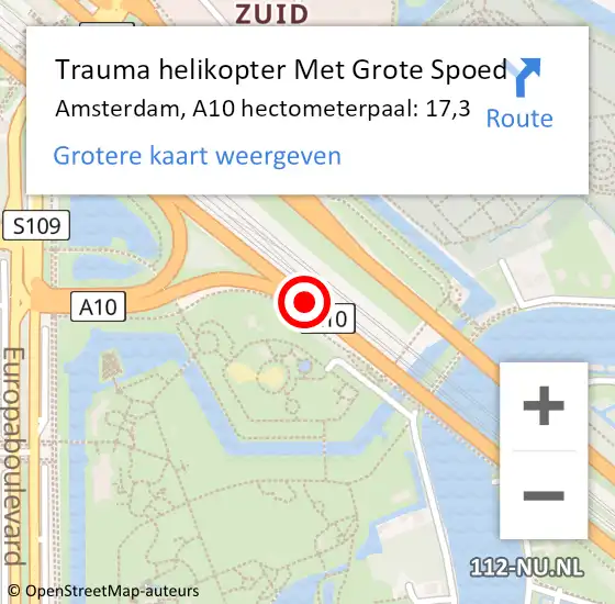 Locatie op kaart van de 112 melding: Trauma helikopter Met Grote Spoed Naar Amsterdam, A10 hectometerpaal: 17,3 op 9 augustus 2021 14:33