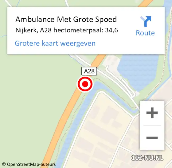 Locatie op kaart van de 112 melding: Ambulance Met Grote Spoed Naar Nijkerk, A28 hectometerpaal: 34,6 op 9 augustus 2021 19:25