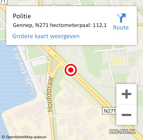 Locatie op kaart van de 112 melding: Politie Gennep, N271 hectometerpaal: 112,1 op 10 augustus 2021 14:44