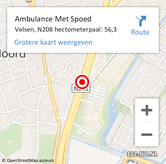 Locatie op kaart van de 112 melding: Ambulance Met Spoed Naar Velsen, N208 hectometerpaal: 56,3 op 10 augustus 2021 15:34
