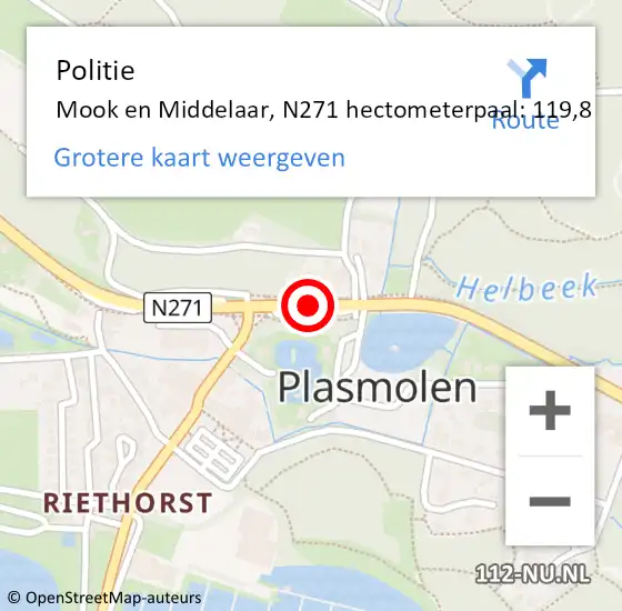 Locatie op kaart van de 112 melding: Politie Mook en Middelaar, N271 hectometerpaal: 119,8 op 10 augustus 2021 16:02