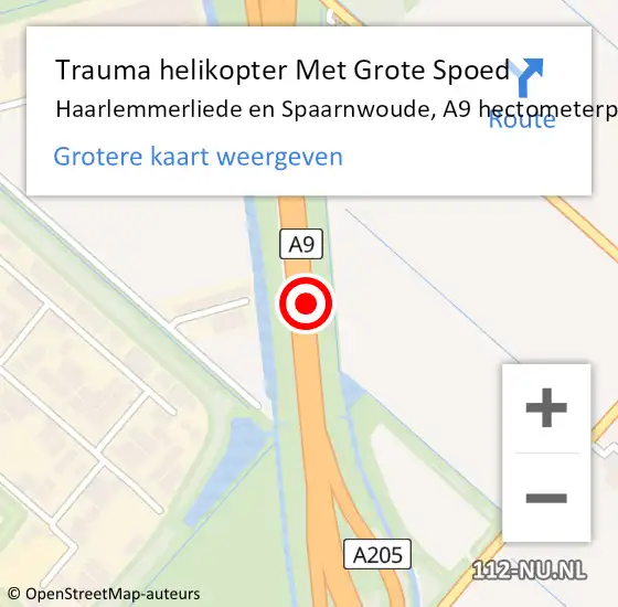 Locatie op kaart van de 112 melding: Trauma helikopter Met Grote Spoed Naar Haarlemmerliede en Spaarnwoude, A9 hectometerpaal: 42,1 op 13 augustus 2021 08:17