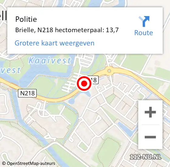 Locatie op kaart van de 112 melding: Politie Brielle, N218 hectometerpaal: 13,7 op 13 augustus 2021 10:21