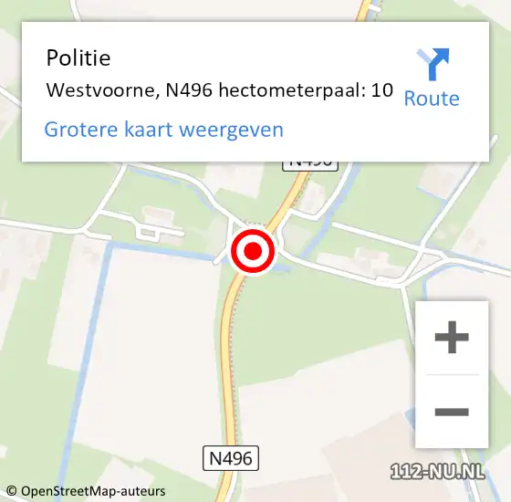 Locatie op kaart van de 112 melding: Politie Westvoorne, N496 hectometerpaal: 10 op 14 augustus 2021 15:47