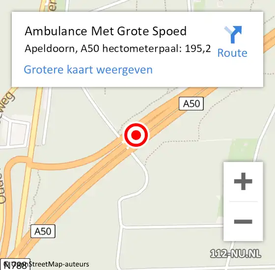 Locatie op kaart van de 112 melding: Ambulance Met Grote Spoed Naar Apeldoorn, A50 hectometerpaal: 195,2 op 14 augustus 2021 15:50