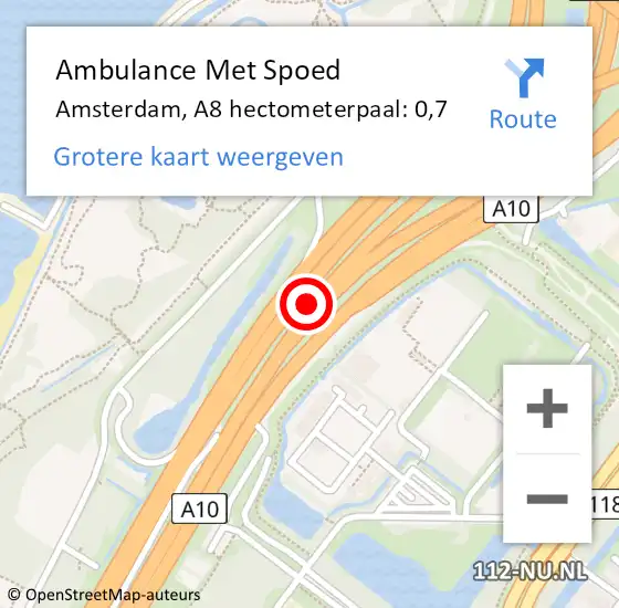 Locatie op kaart van de 112 melding: Ambulance Met Spoed Naar Amsterdam, A8 hectometerpaal: 0,7 op 14 augustus 2021 18:14