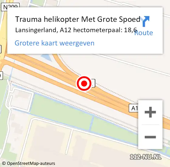 Locatie op kaart van de 112 melding: Trauma helikopter Met Grote Spoed Naar Lansingerland, A12 hectometerpaal: 18,6 op 15 augustus 2021 13:38