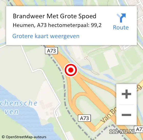 Locatie op kaart van de 112 melding: Brandweer Met Grote Spoed Naar Heumen, A73 hectometerpaal: 99,2 op 15 augustus 2021 14:19