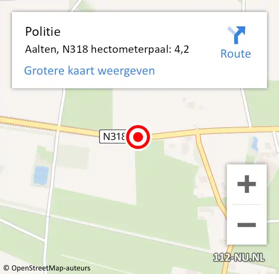 Locatie op kaart van de 112 melding: Politie Aalten, N318 hectometerpaal: 4,2 op 15 augustus 2021 14:37