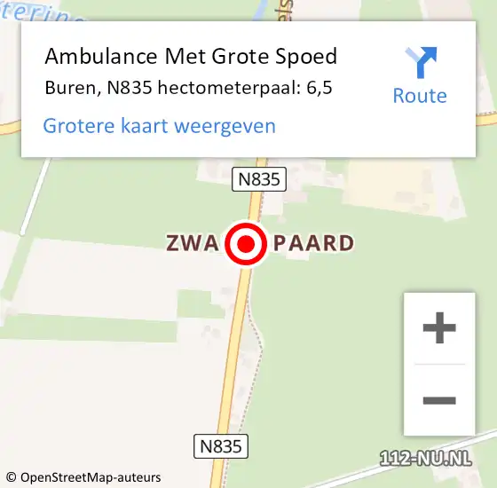 Locatie op kaart van de 112 melding: Ambulance Met Grote Spoed Naar Buren, N835 hectometerpaal: 6,5 op 16 augustus 2021 16:47
