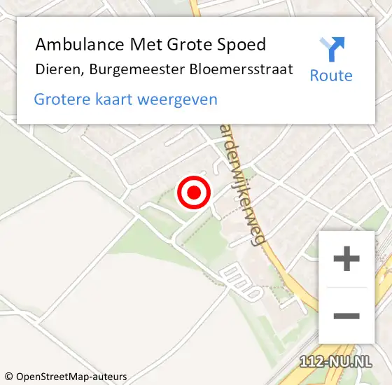 Locatie op kaart van de 112 melding: Ambulance Met Grote Spoed Naar Dieren, Burgemeester Bloemersstraat op 18 augustus 2021 14:30