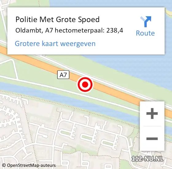 Locatie op kaart van de 112 melding: Politie Met Grote Spoed Naar Oldambt, A7 hectometerpaal: 238,4 op 19 augustus 2021 21:26