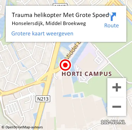Locatie op kaart van de 112 melding: Trauma helikopter Met Grote Spoed Naar Honselersdijk, Middel Broekweg op 20 augustus 2021 12:04