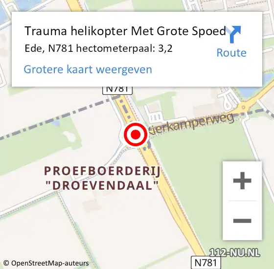 Locatie op kaart van de 112 melding: Trauma helikopter Met Grote Spoed Naar Ede, N781 hectometerpaal: 3,2 op 20 augustus 2021 16:47